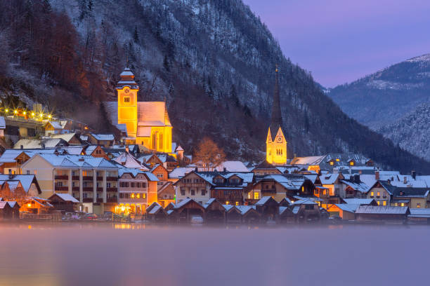 istock Old Austrian village Hallstatt in night illumination at sunset. 2165719064