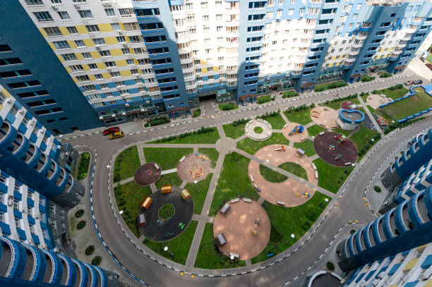 istock A panoramic view of the children's playground opens from an elevated vantage point. The concept of a modern residential complex 2165719637