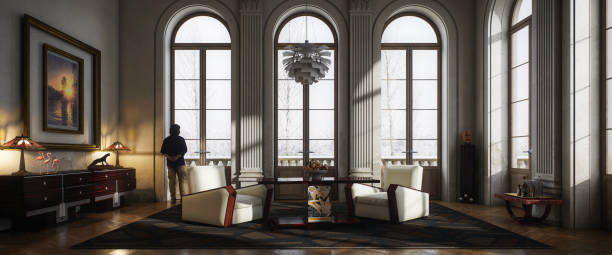 istock Elegant Art Deco Living Room with Large Arched Windows 2165720404