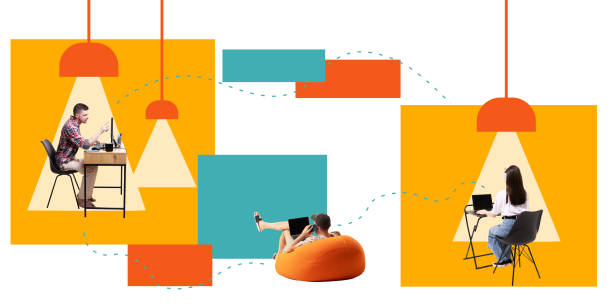 istock Contemporary art collage. Three remote workers in different settings working in laptop against geometric background, connecting with dashes lines. 2165722418