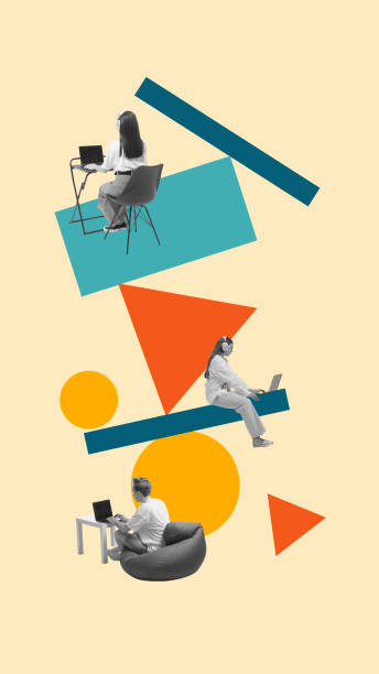 istock Contemporary art collage. Young people working or studying remotely against background with geometric shapes and vibrant colors. 2165722424