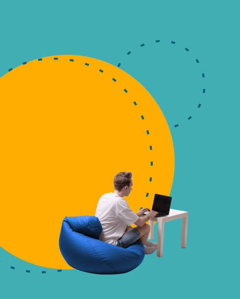 istock Contemporary art collage. Modern workspace. Man working, studying in laptop against teal background with circles with dotted lines. Copy space. 2165722434