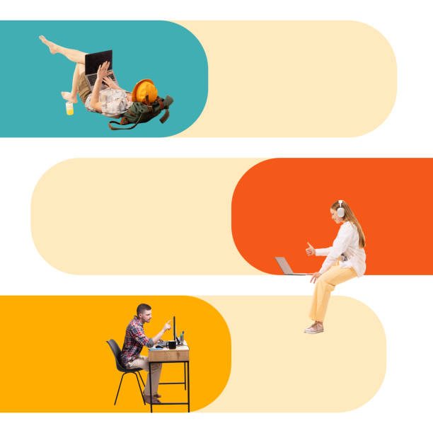 istock Contemporary art collage. Three individuals working on laptops against background with rounded, overlapping background. Modern workspaces. 2165722435