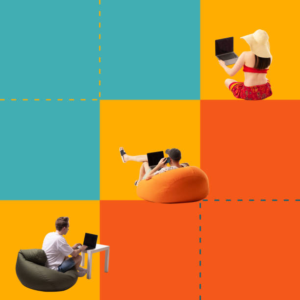 istock Contemporary art collage. People working on laptops in colorful sections, connected by dashes lines, as remote collaboration. 2165722443