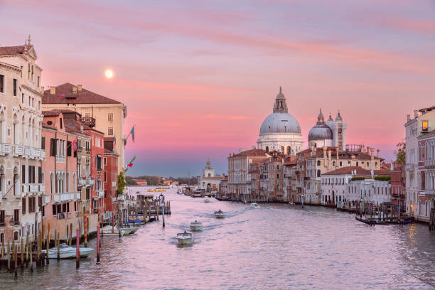 Sunset view of the Grand Canal and Basilica di Santa Maria della Salute in Venice, Italy