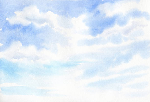istock blue sky with white clouds, watercolor hand drawn background, horizontal landscape of nature, seasons illustration of good weather 2165733588