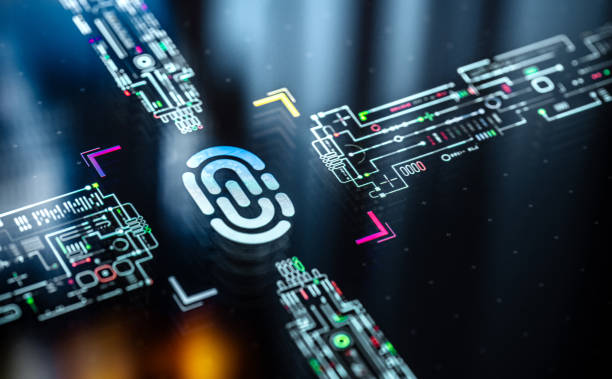 istock Digital authentication and fingerprint engine core. Digital privacy concept futuristic background. Touch ID evolution and productivity. Futuristic fingerprint icon in world of technological progress and innovation 2165736656