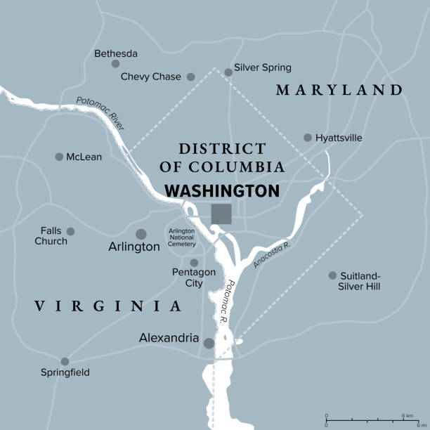 Washington, District of Columbia, capital of USA, gray political map Washington, D.C., gray political map. District of Columbia, capital city and federal district of the United States. Located on Potomac River, across from Virginia, sharing land borders with Maryland. maryland state colors stock illustrations