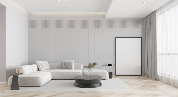 istock mock up poster frame in interior background, living room. 3D render, 3D illustration 2165739605