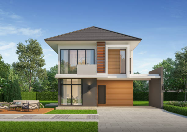 istock Modern house exterior day light with lawn grass.3d rendering 2165739606