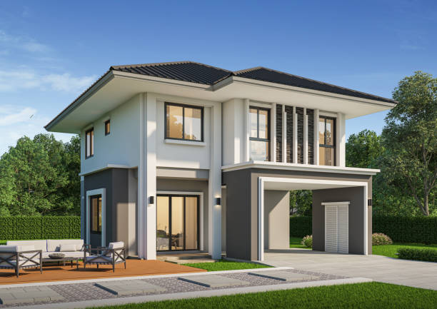 istock Modern house exterior day light with lawn grass.3d rendering 2165739608