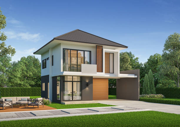 istock Modern house exterior day light with lawn grass.3d rendering 2165739614
