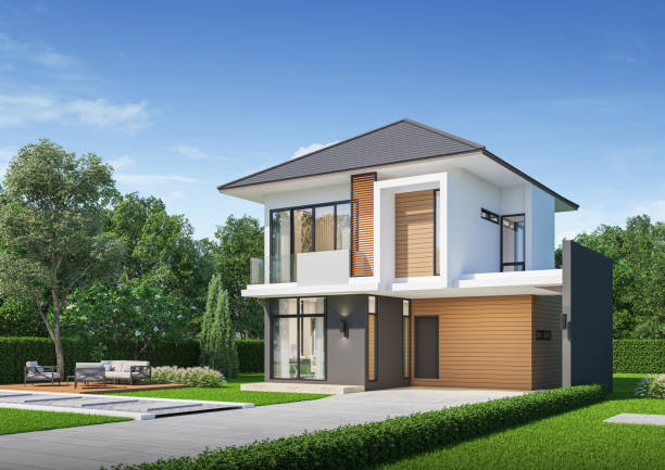 istock Modern house exterior day light with lawn grass.3d rendering 2165739615