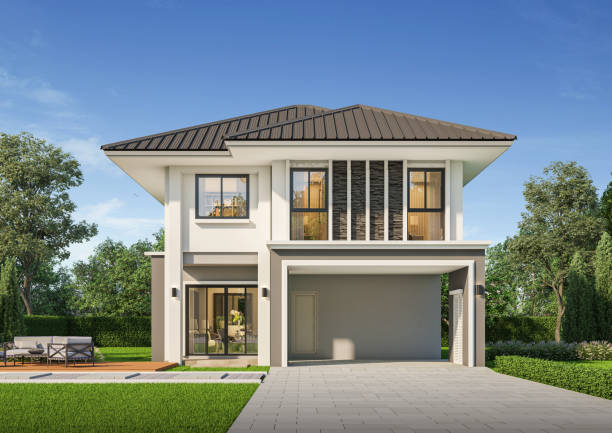 istock Modern house exterior day light with lawn grass.3d rendering 2165739617