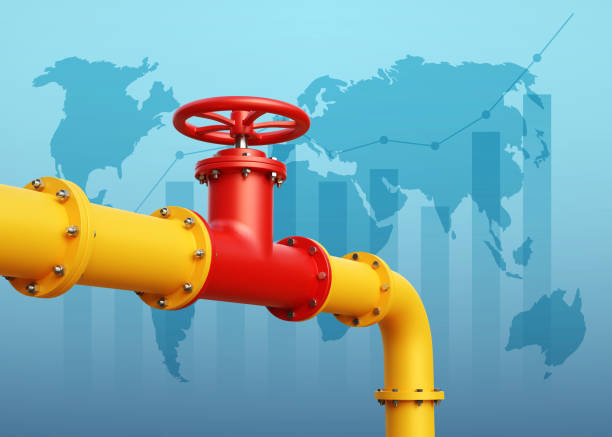 istock Yellow pipeline with red crane on blue background 2165739821