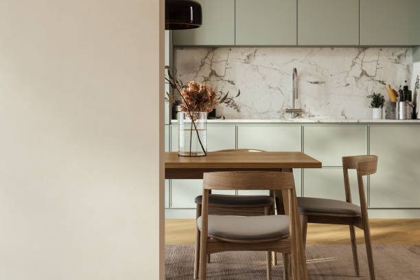 istock Close up of dinning table in kitchen, empty room. 2165777811