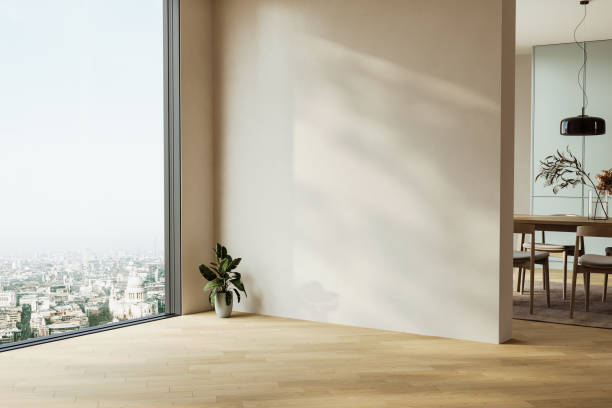 istock Modern interior design of apartment, kitchen, dining room with table and chairs, empty living room with beige wall, panorama. 2165777858