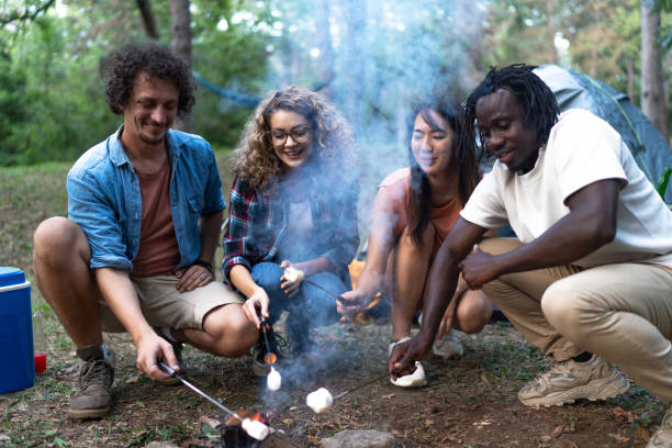 istock Young friends enjoying in camping trip while roasting marshmallows 2165779733