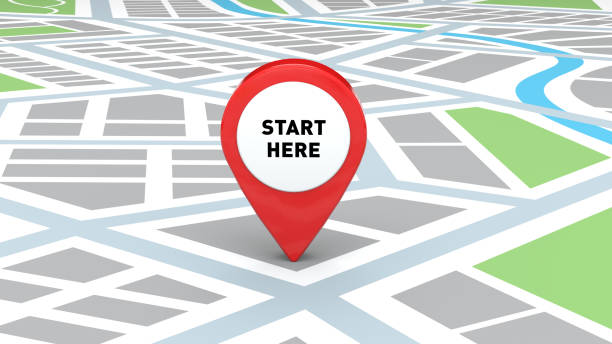 istock Start Here Location with red pin icon and city map overview, 3D Illustration 2165781423