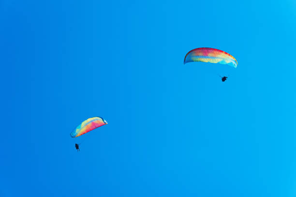 Two paragliders in the air fly in blue clear summer sky. Paragliding in mountains at sunny day.