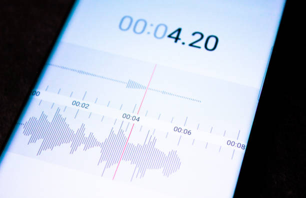 Voice recorder on a smartphone. Voice recording wave on the screen of a smartphone. Recording sounds on a smartphone. Voice recorder noise level wave. Voice recorder on a smartphone. Voice recording wave on the screen of a smartphone. Recording sounds on a smartphone. Voice recorder noise level wave. intimate-interview stock pictures, royalty-free photos & images