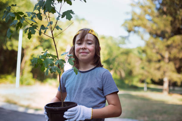 Portrait of cute smiling child preparing to planting and seedling tree. Sustainable lifestyle. Environment conservation.