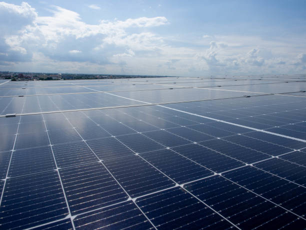 istock Solar cell rooftop blue element panel electricity energy power sunlight photovoltaic industry renewable industry solar cell blue sky cloudy white generation sustainable technician engineer plant fuel 2165792969