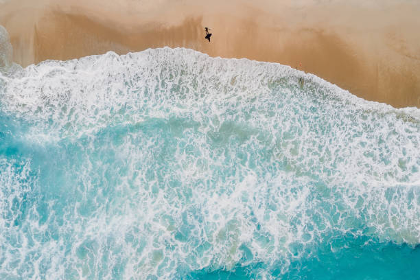 istock Surfer walk on tropical beach and blue ocean with waves. Aerial view 2165798619