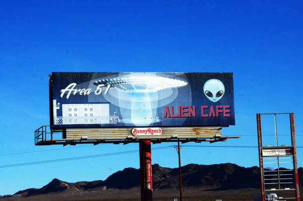 Area 51 Alien Travel Center: An extraterrestrial-themed souvenir shop meets truck stop meets roadside diner—A billboard overlooking the travel center. Racheal Nevada, USA on December 25, 2022
