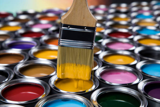 istock Open paint cans with a brush, Rainbow colors 2165799403