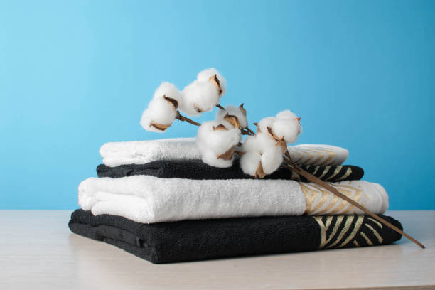 istock Stack of Clean White and Black Towels with Cotton Branch on Blue Background 2165800510