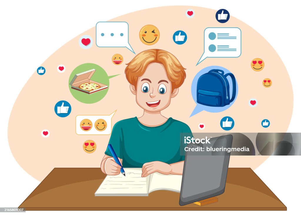 Student Interaction Graphics A Student Studying With Digital And Social Interactions Stock ...