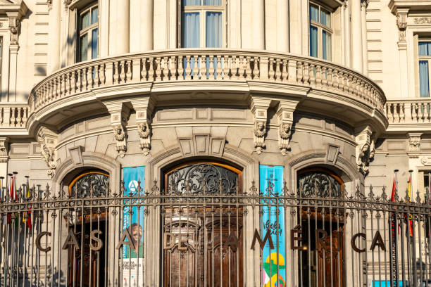 Exterior of Casa de America, a cultural centre aimed at connecting the people of Latin America with the people of Spain, Madrid, Spain.
