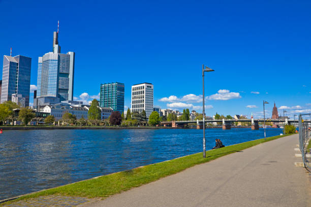 Frankfurt panoramic view across River Main bridge to skyscrapers Germany.