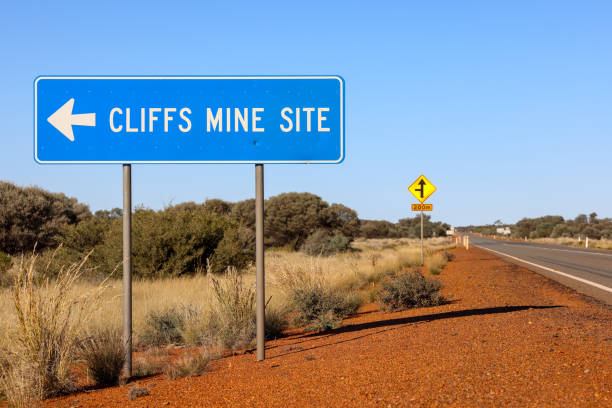 istock Directional road sign, indicating way to Cliffs mine site.  Nickel sulphide (sulfide) ore.  Western Australia,  Outback 2165804816