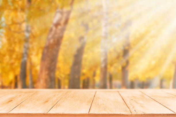 istock Autumn park blur with empty wood table top background with sunbeams and blure. Defocused autumnal park background with yellow leaves. Empty background. 2165807512