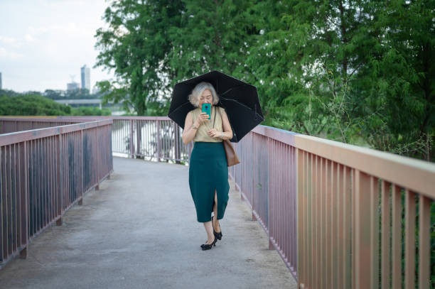 In a peaceful outdoor setting, an elderly woman walks alone on a bridge using her smartphone under the shade of a black umbrella. The natural greenery surrounding her evokes a sense of tranquility and contemplation, demonstrating the blend of nature with daily digital engagement.