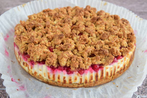 Homemade red currant cheesecake crumble