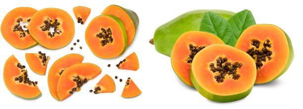 istock sliced ripe papaya fruit isolated on white background. exotic fruit. clipping path 2165812277