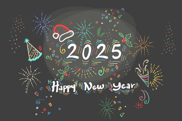 New Year Christmas Cards 2025 Happy new Year 2025 Set Designs Hand Drawn Doodle Style New Year and Christmas Colorful Decorations Vector Greeting Card Template Black Friday Sale Advertising Colorful Neon Holiday Attractive Texture new years eve new york stock illustrations
