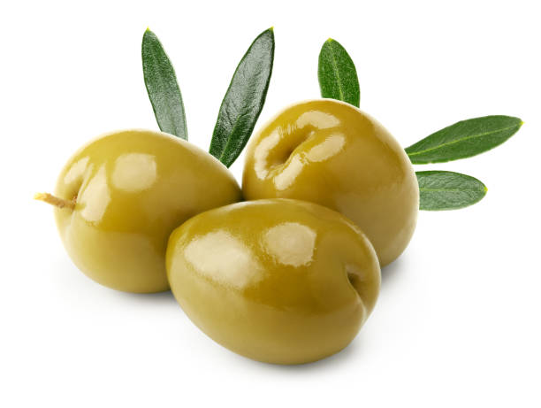istock Marinated green olives with green leaves isolated on white background. clipping path 2165812324