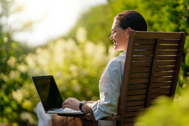 istock woman working on laptop in summer morning 2165813321