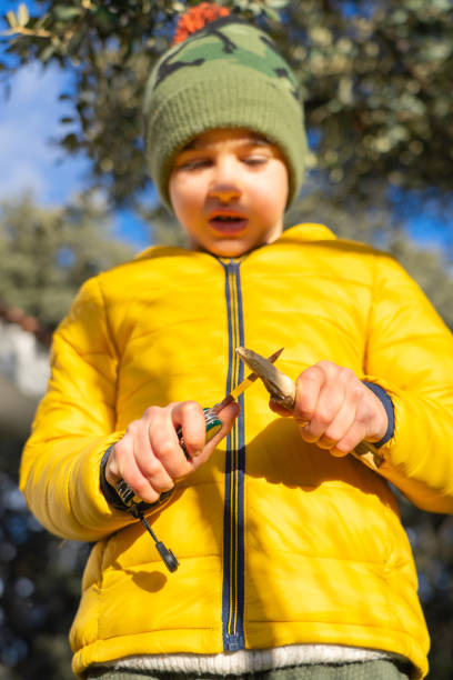 istock Boy peeling a stick in nature with a razor on a winter day 2165818715