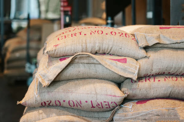 Used coffee sacks from around the world for sale in Brick Lane Market, London, UK