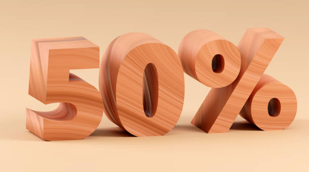 istock Inscription wooden 50 percents on grey podium, soft light, smooth background, 3d rendering 2165825004