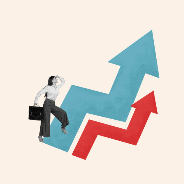 istock Contemporary art collage. Woman with briefcase, as experience, looking forward, to future, standing in start of blue and red chart arrow. Concept of business idea, success, communication, target. Ad 2165825902