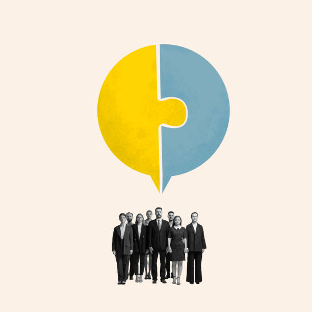 istock Contemporary art collage. Leader unify team, symbolized by interlocking yellow and blue puzzle pieces above them, emphasizing collaboration. 2165825906