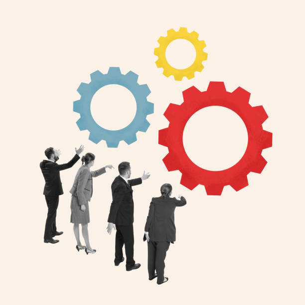 istock Contemporary art collage. Drive progress. Leaders guide mechanical gears, as team, towards interconnected goals. 2165825911