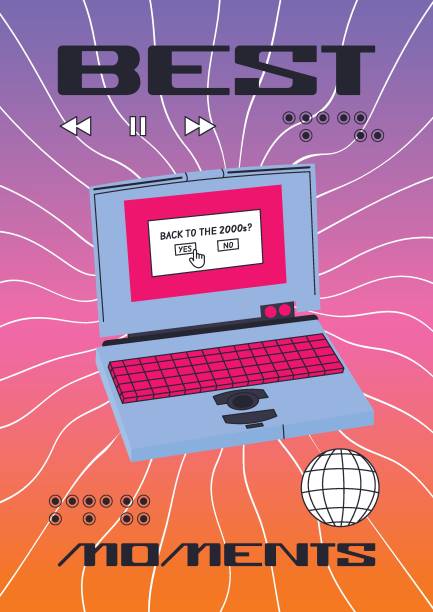 istock Best moments. Retro poster with computer or laptop. Positive y2k style poster. Nostalgia for 2000s. Trendy banner with rays and orange purple gradient. 2165826925