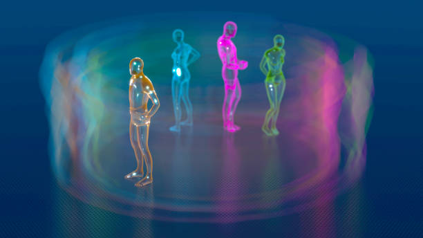Artificial Intelligence, abstract hologram people moving in abstract room, 3D Render